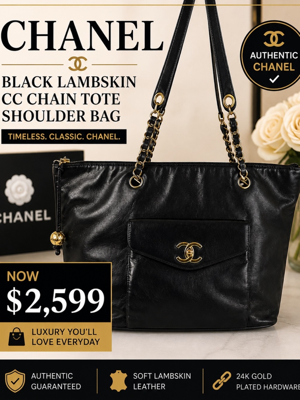 CHANEL Black Lambskin CC Chain Tote Shoulder Bag 24k plated Gold Hardware - Picture 15 of 15